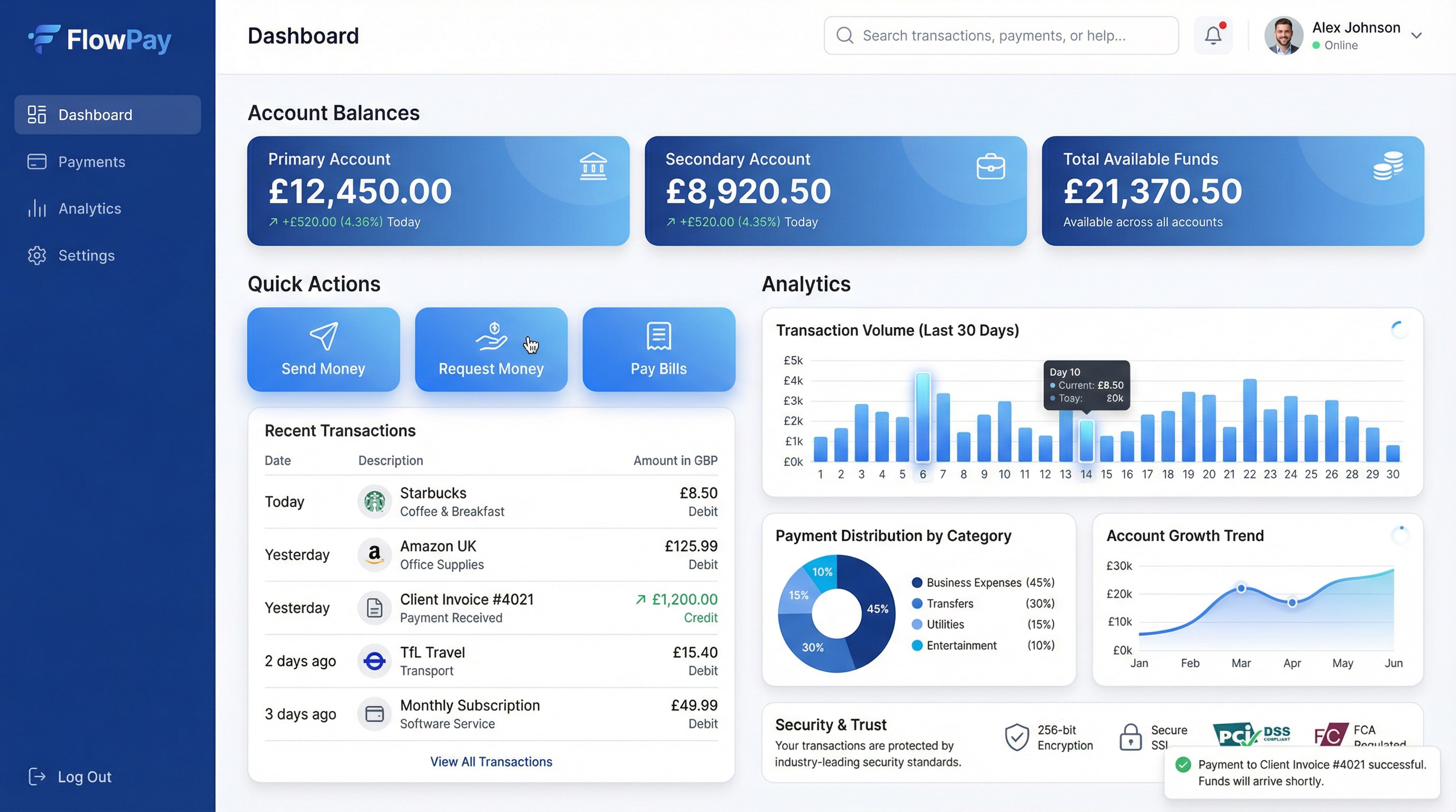 Fintech Payment Platform interface showing A secure payments and transaction platform tailored for SMEs, startups, and ente