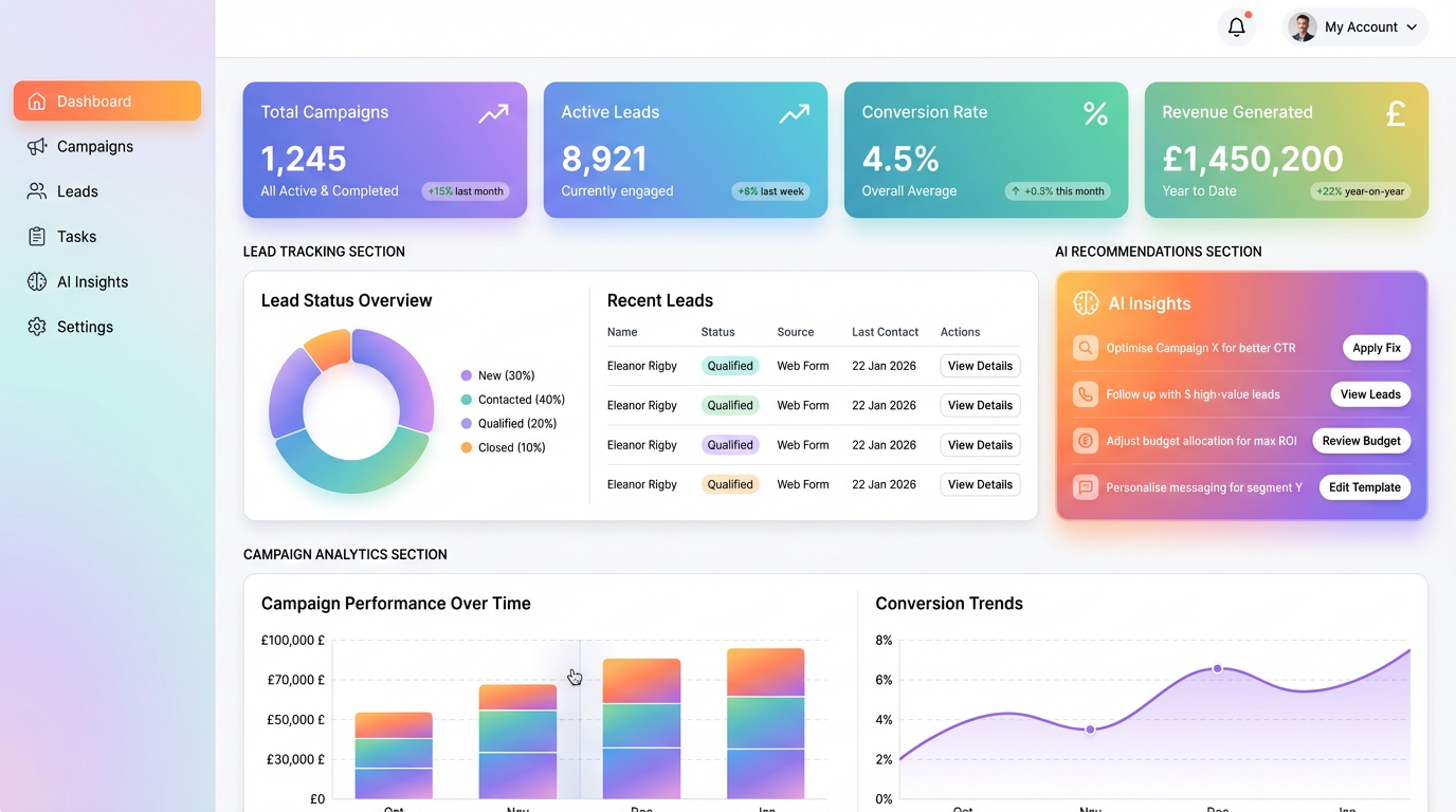 AI Marketing Portal interface showing Marketing platform leveraging AI to optimise campaigns, track leads, and manage 