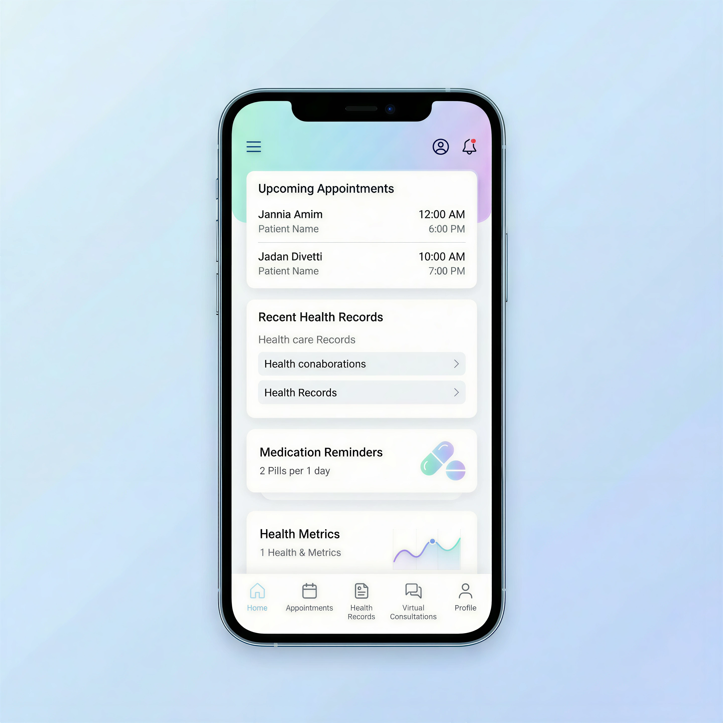 Healthcare App interface showing Patient management and telemedicine platform for healthcare providers, enabling 